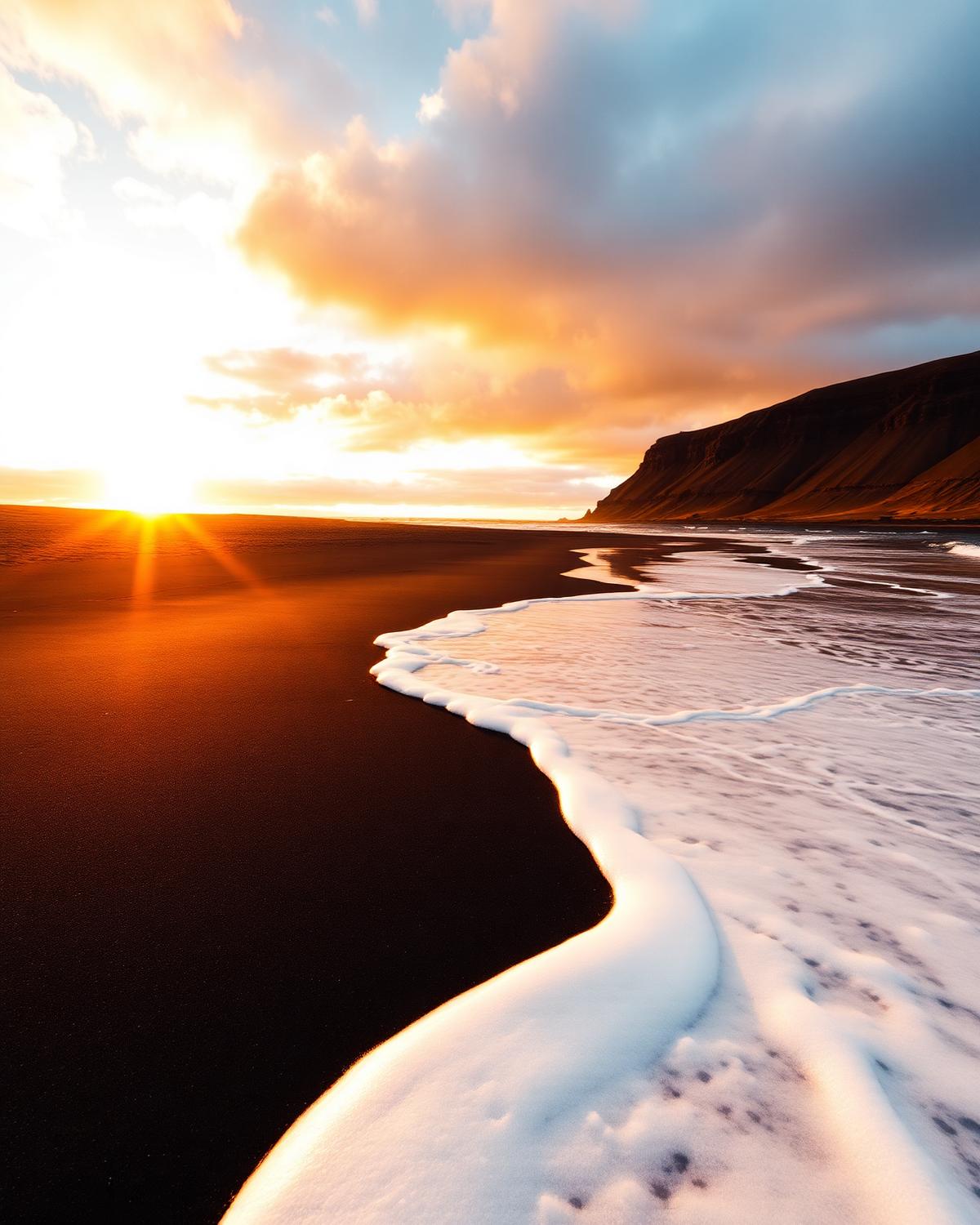 A black-sand beach in Iceland at golden hour