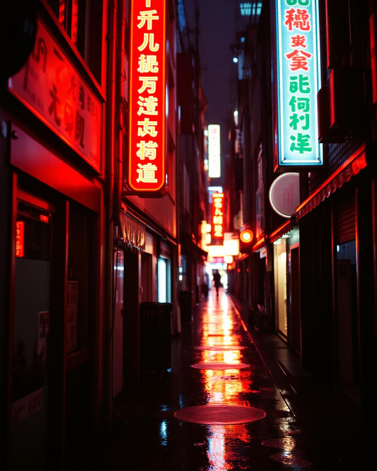 Neon-lit alley in Tokyo at night